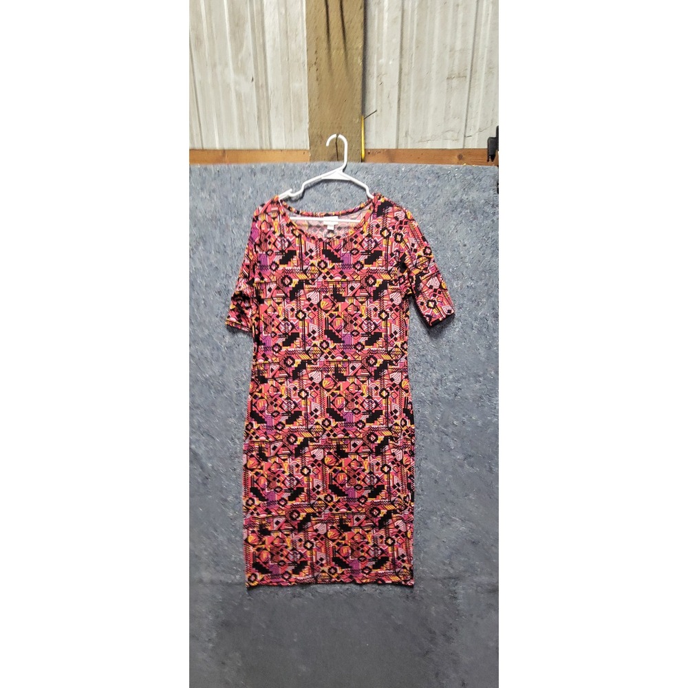 LuLaRoe Women's Pullover Short Sleeves‎ Multi-Color Red Background Dress Size L